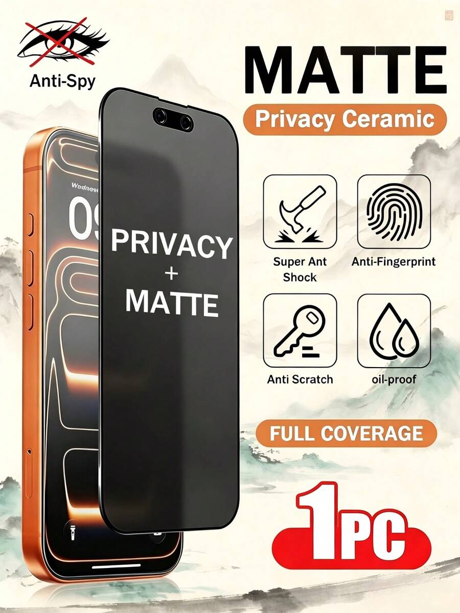 XINHONGYU 1pc Matte Privacy Screen Protector, Compatible With IPhone 17 Pro Max 6.9 Inch, Soft Film Material, Non-Glass, Full Coverage, Anti-Peeping, Anti-Theft, Anti-Glare, Ceramic Film, Anti-Fingerprint, Compatible With Phone Cases. Suitable For IPhone 17 Pro Max, 17 Air, 16 Pro Max/16 Pro/16 Plus/16/15 Pro Max/14 Pro Max/13 Mini/12/11/XS Max/XR/8 Plus/7 Plus. - Black - View 1