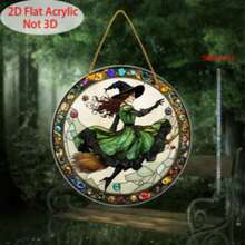 2D Flat Vintage Style Witch Broom Decorative Hanging Ornament - Round Faux Stained Glass Effect Hanging Decor, No Power Required, Suitable For Windowsill, Office, Bar, Farmhouse - Perfect Halloween Gift, - A - View 4
