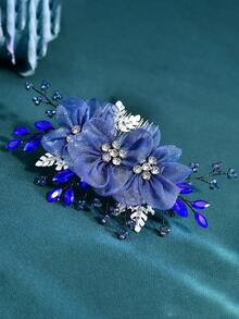 Elegant Blue Organza Flower Bridal Hair Comb Women's Headpiece Suitable For Wedding Party - Blue - View 4