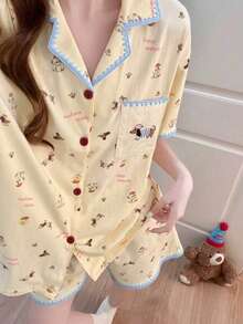 2pcs/Set Women's Pajamas Homewear Set, Lapel Cardigan Cute Animal Print Short Sleeve Shorts, Comfortable For Home - Yellow - View 9
