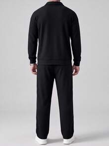 Black Waffle Knit Half-Zip Sweatshirt & Wide Leg Sweatpants 2 Pieces Set, Men's Textured Casual Sportswear - Black - View 2