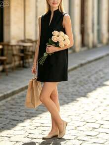 Vestido sin mangas negro de oficina, elegante, versátil y sencillo, con diseño de bolsillo grande y cuello en V, para primavera/verano - Negro - Ver 4
