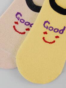 5 Pairs Women's Cute Cartoon Smiling Face & Letter Pattern Low Cut Invisible Boat Socks - Multicolor - View 3