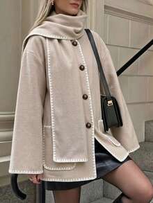 Women's Open Front Long Sleeve Cardigan With Pockets And Scarf, Contrast Houndstooth Design, Fashionable Polyester Fabric, Suitable For Autumn/Winter Wear - Light Gray Powder - View 3
