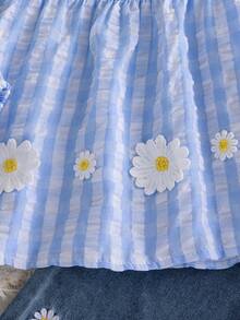 Autumn/Winter Baby Girl Cute & Stylish Blue & White Plaid Daisy Loose Set & Spring/Autumn New Puff Sleeve Top & Embroidered Denim Wide Leg Pants Outwear - Baby Blue - View 10