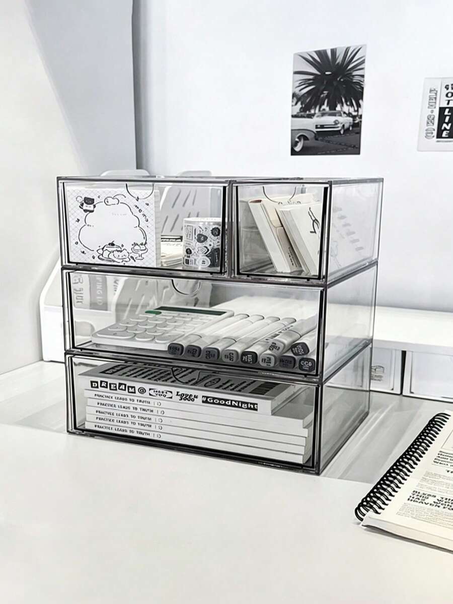 6/4/3/1pc Large Capacity Transparent Desktop Storage Box, Combinable Drawers, Multi-Functional Storage Box, Suitable For Stationery, Pens, Erasers And Desktop Accessories, Suitable For Desk, Office Desk, Dormitory And Desktop Decoration, Cosmetic Storage Box, Stationery Classification Storage Box, Bedroom Decoration, Desktop Organization Essentials