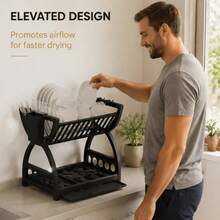 1pc 2 Tier Dish Drying Rack With Drain Tray, Countertop Dish Drainer, Space Saving Kitchen Tableware Storage Organizer Christmas, Halloween, New Year Gift - Multicolor - View 3