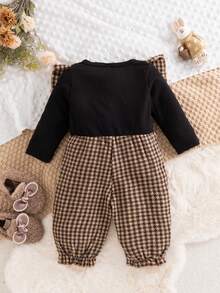 Baby Girl Early Autumn Sweet Cute Plaid Lace Long Sleeve Front Half-Open 2 In 1 Jumpsuit Jumpsuit, Suitable For Daily Outdoor Commute, Baby Outing, Versatile Crawl Suit - Black - View 4