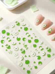 2 Sheets 5D Cute Apple For Nail Stickers - Spring And Summer Cartoon Fruit Design, Sweet Charm, Self-Adhesive Plastic Decals, Suitable For Nail Art, Odorless, Single Use, Fruit Decoration - Green - View 4