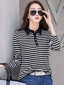 Women's Autumn Striped Colorblock Patchwork Striped Collar Long Sleeve T-Shirt, Button-Up Polo Neck Base Layer Top - Black - View 7