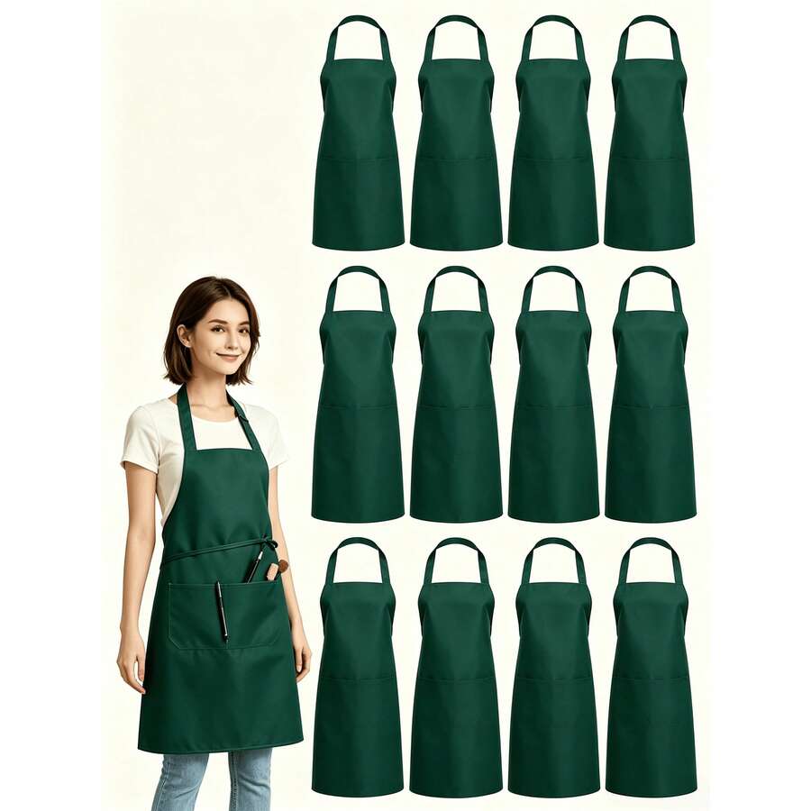 1pc, 3pcs, 6pcs, 12pcs Aprons - Unisex Aprons With 2 Spacious Pockets, Machine Washable, Suitable For Kitchen, Crafts, BBQ, Painting, Lightweight And Convenient - Green - View 1