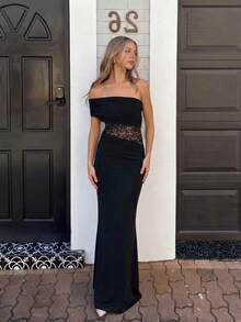 Elegant Women's One-Shoulder Ruched Lace Patchwork Waist-Cinching Bodycon Evening Gown - Black - View 8