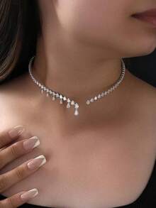 1 pieza Nuevo Collar con Diseño de Gota de Agua de Nicho con Strass Accesorio Nupcial - Plateado - Ver 1