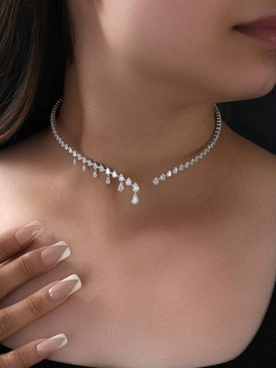 1 pieza Nuevo Collar con Diseño de Gota de Agua de Nicho con Strass Accesorio Nupcial - Plateado - Ver 1