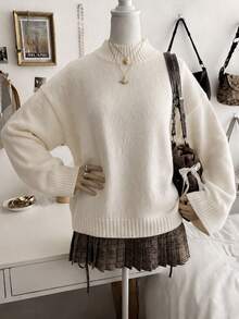 Women's New Autumn/Winter White Round Neck Sweater, Loose Drop Shoulder Slouchy Knit Base Layer Top - Off White - View 6