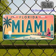 2D Flat, 1pc, Metal Vintage License Plate Decor, Miami Theme, Suitable For Living Room, Entryway, Man Cave, Balcony, Patio, Yard, Birthday Gift, Industrial Style Sign (Random Style) - A - View 3