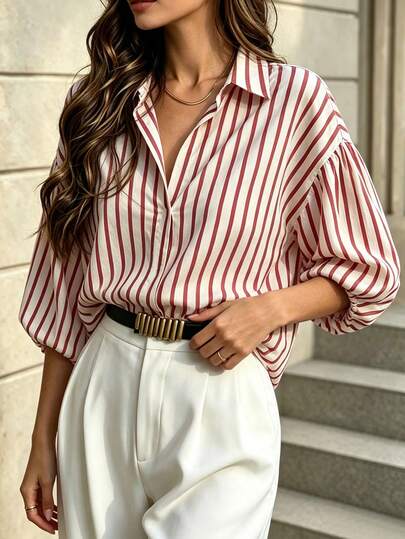 Women's Elegant Commute Red & White Striped Notch Collar Bishop Sleeve Blouse, Regular Length Woven Fabric Top, Suitable For Autumn, Evening Date, Daily Office, Tea Party, Vacation, Home, Brunch, Travel, Airport