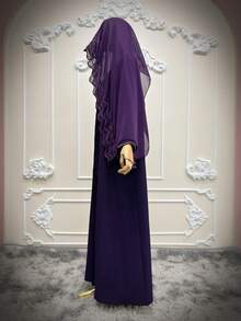 女款阿拉伯式 Abaya 條紋刺繡開襟外套夾克，附頭巾，春秋款 - 深紫色 - 查看 9