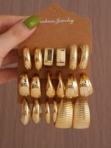 CCD Alloy 9-Piece Set Smooth Texture C-Hoop Water Drop Stud Earrings, Women's Daily Wear Fashion Accessories - Gold - View 1