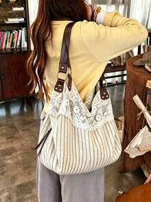 2026 New Summer Mori Style Vintage Lace Floral Plaid Patchwork Fabric Tote Bag For Women, Versatile Shoulder Handbag For Commuting - White - View 2