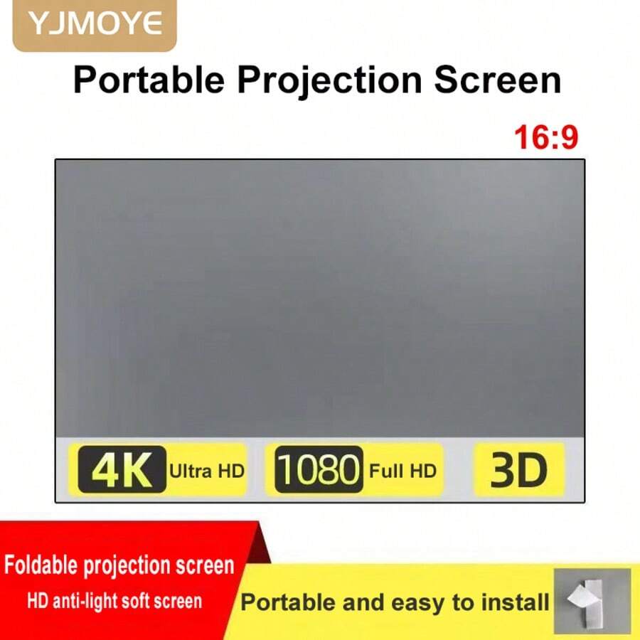 YJMOYE New 120 Inch Projector Screen, 16:9 4K Anti-Light Soft Fabric, Suitable For LCD LED Video Projectors, Easy Installation Portable Foldable Design Screen, Suitable For Presentations And Home Theater, Can Project Movies On Wall