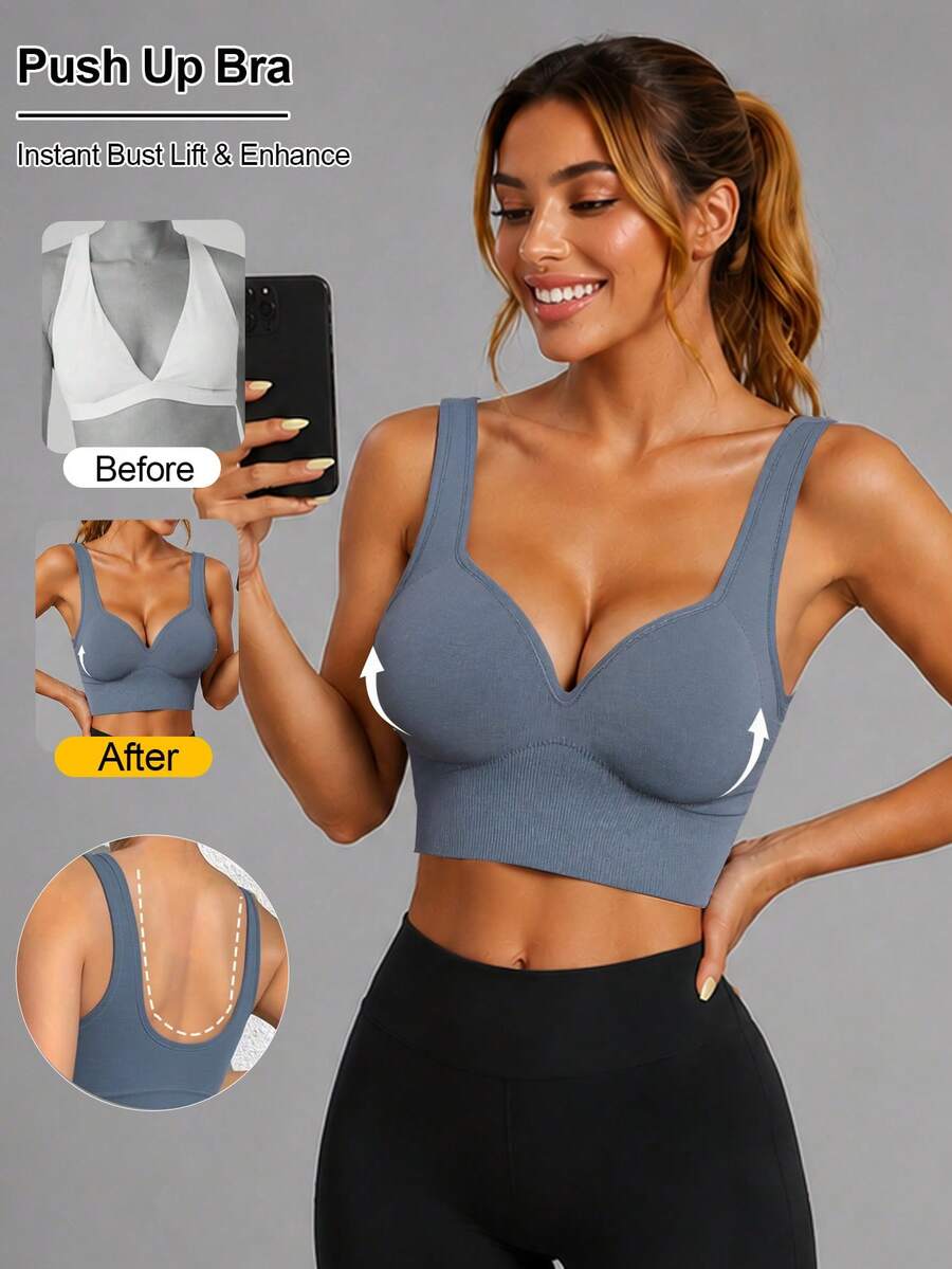 Sports Bra Tank Top Solid ColorBackless Wire Free No Removable Padding Gym Bra High Elasticity Gym Clothes Women Suitable For Yoga And Running ﻿ - Blue - View 1