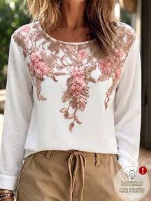 Women's New Spring/Summer Floral Print Long Sleeve Top, Casual Elegant Top For Daily Wear, Outings, Home, Vacation And Holidays White - White - View 5
