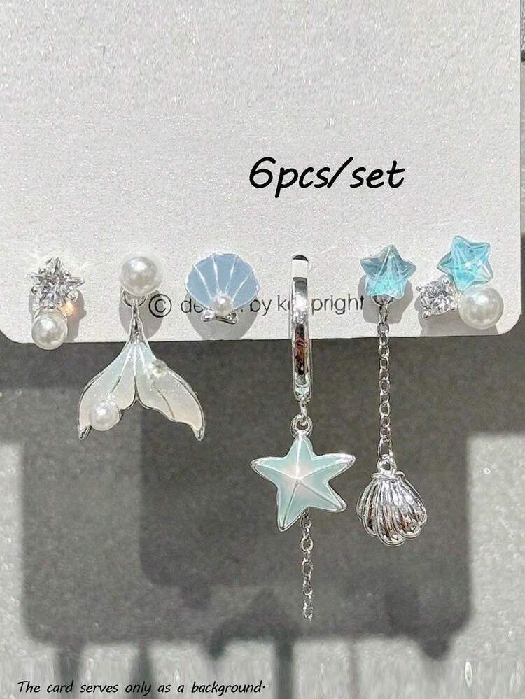 rundraw 6pcs New Summer Fresh Style Fish Tail Shell Starfish Faux Pearl Zirconia Metal Multi-Color Women's Earrings Set, Suitable For Beach Vacation, Party, Dance, Gathering, Daily Outfit Matching, Best Gift For Friends And Loved Ones - Multicolor - View 4