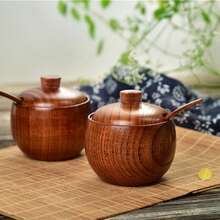 1pc Wooden Salt Cellar With Lid And Spoon, 3.5 Inch/9cm Wooden Salt Jar, Suitable For Kitchen Countertop, Unique Wooden Spice Container, Suitable For Home And Kitchen, 6oz Capacity - Brown - View 4