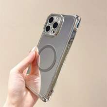 1pc Electroplated Mirror Magnetic 14/13/12/11/17/16/15 Pro Max Shockproof Phone Case - Clear - View 3