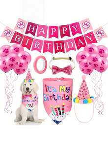 1 Set Pet Birthday Party Kit, Pet Birthday Party Banner, Birthday Hat, Dog Paw Balloon, Drool Bib, Bow Tie Set, Suitable For Holiday Celebration - View 2