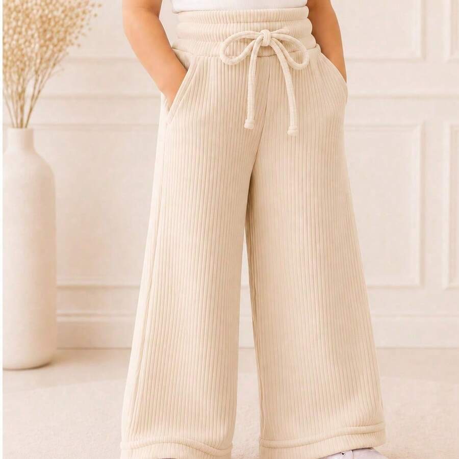 Kids' Wide-Leg Pants, Ribbed Cotton, Comfortable And Soft With Pockets - 米白色 - 查看 1