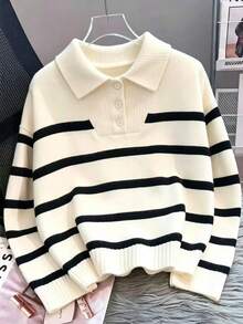Autumn/Winter New Button Polo Collar Women's Striped Base Layer Top, Fashionable High-End Minimalist Pullover Versatile Sweater - White - View 2