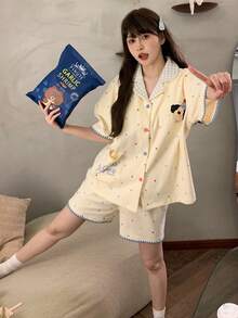 2pcs Women's Pajamas Loungewear Set, Lapel Short Sleeve Plaid Print Pocket Polka Dot Print Shorts, Suitable For Spring And Summer - Yellow - View 5