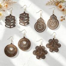 4 Pairs Women's Daily Vacation Commute Hollow Vintage Fashion Carved Personalized Wooden Dangle Earrings - Gold Hoop Earrings - View 5