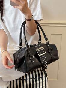 Small Niche Design Rivet Decoration Handbag, Simple And Versatile High-End Texture Buckle Tote Bag, Suitable For Street Friends Gathering, Commuting - Black - View 3