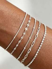DAZY Fashionable Minimalist Rhinestone Star Pendant Chain Bracelet Set For Women, Layerable, Daily Date Party Jewelry Accessory, Small Gift For Female Friends (Due To Handmade Chain, The Number And Arrangement Of Rhinestone Stars Are Random) - Star Zirconium 5 Layers 4 Pieces Bright Silver - View 9