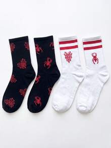 2/4 Pairs Men's Gothic Style Halloween AB Mid-Calf Socks, Printed With Spider And Spider Web Patterns, Fun Mid-Calf Socks, Versatile And Comfortable, Suitable For Halloween, Daily Sports Wear, Back To School Season, Perfect Gift - Multicolor - View 4
