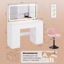 Devoko Modern Vanity Table With Extra Large LED Mirror, 3 Light Colors And Dimmable Brightness, Dressing Table With Glass Top, 9 Drawers, Power Strip And Hair Dryer Holder, White/Black - 查看 10