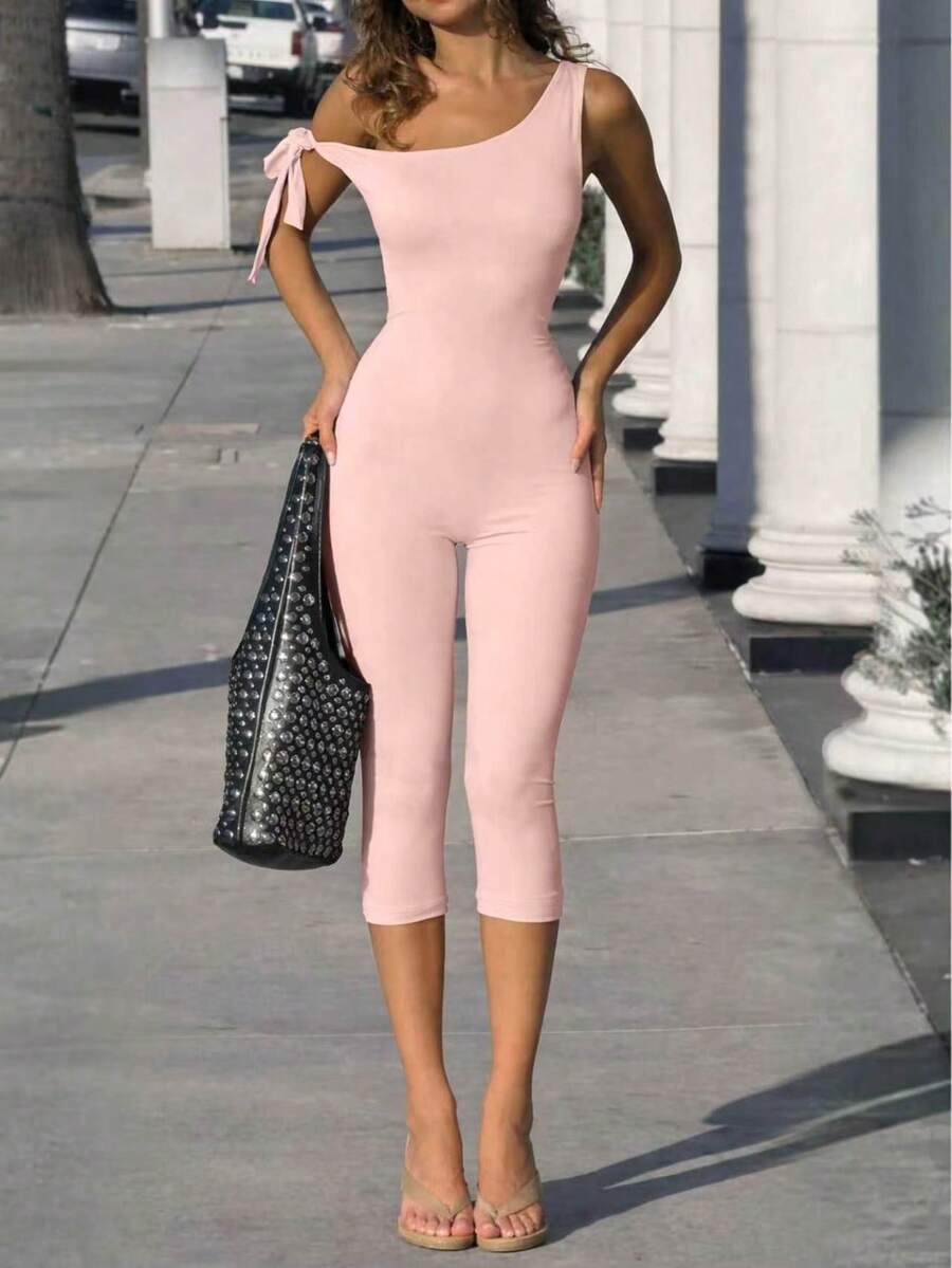 VIVINA 女士春夏纯色不对称系带修身连体裤,百搭休闲日常装 - 淺粉色 - 查看 1