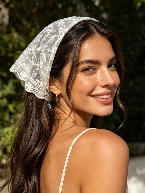 1pc Fashion Bohemian Style Floral Lace Trim Triangle Headband, Girls Vacation Hair Accessory, Versatile Solid Color Hair Accessory