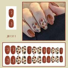 24pcs Short Round Press-On Nails, Brown Floral Nail Stickers, Women's Fake Nails - Multicolor - View 3