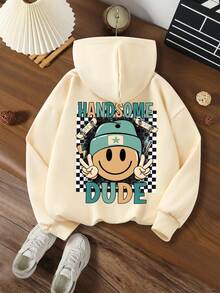 2pcs/Set Big Boys Hooded Sweatshirt Set, Face & Letter Print, Paired With Simple Casual Wide Leg Pants, Autumn/Winter Fashion Outfit - Apricot - View 5