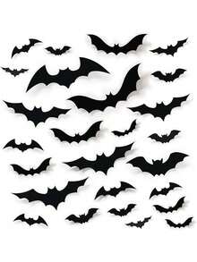 12/48pcs Halloween Bat Decorations, Black 3D Scary Bat Stickers, Suitable For Home Decor DIY Wall Decals, Bathroom, Indoor Halloween Party Supplies - Multicolor - View 1
