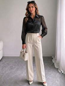 Women's Elegant Black Satin Blouse, Contrast Mesh Long Sleeve, Regular Fit Shirt Collar, Exquisite Polyester Top - Black - View 2