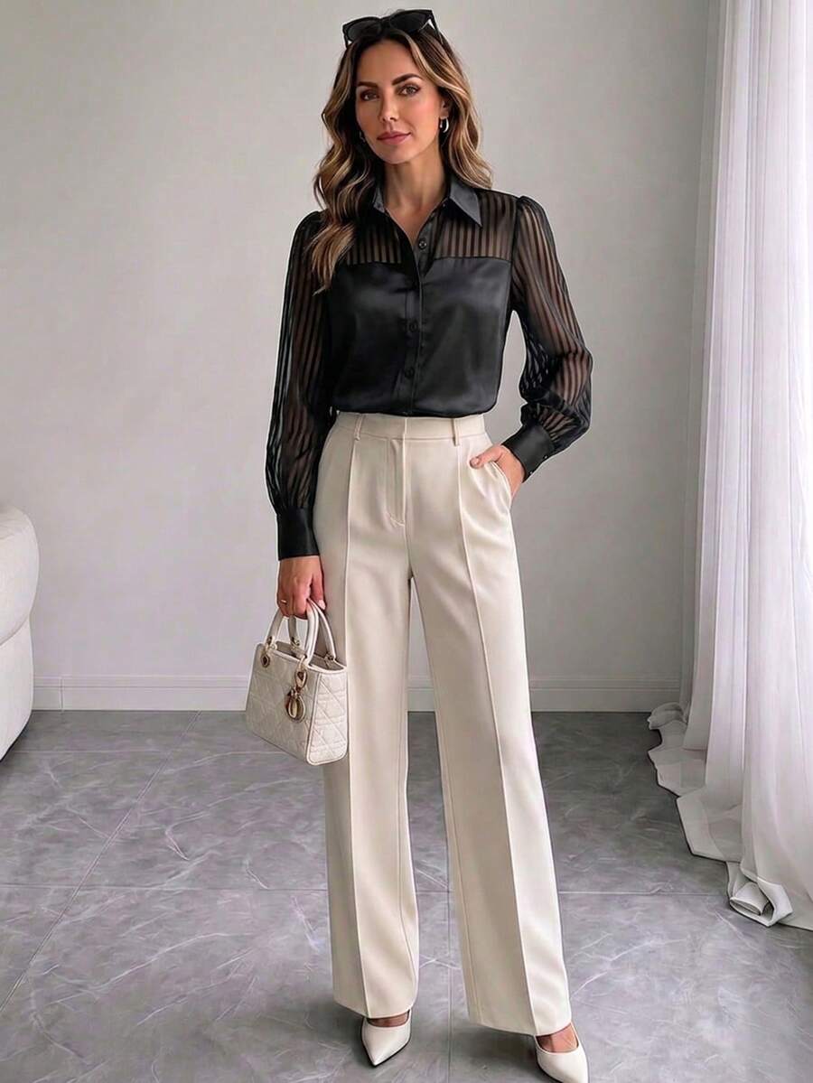 Women's Elegant Black Satin Blouse, Contrast Mesh Long Sleeve, Regular Fit Shirt Collar, Exquisite Polyester Top