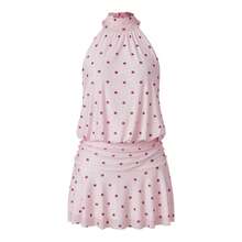 Women's Pleated Waist Sheer Mesh Ruffle Mini Dress Summer Casual Halter Neck High Neck Bodycon Short Dress Self-Tie Backless Sundress Party Clubwear - F210809-粉紅色 - 查看 9