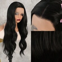 Elegante, lange, schwarze Body-Wave-Spitzenfrontperücke für Damen, 180 % Dichte, 13 x 4 x 1 Zoll, vorgezupfter Haaransatz, kleberfrei, 66 cm lang, hitzebeständig, 180 % Dichte. Ideal für Cosplay, Partys, Alltag, Silvester, Valentinstag und mehr. - Schwarz - Übersicht 5