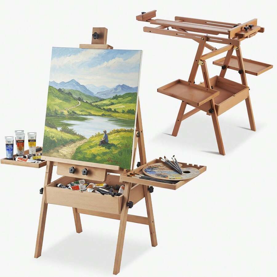 Beech Wood H Frame Studio Easel Stand With Storage Box And Palette, Heavy Duty Adjustable Floor Artist Painting Easel Holder For Adults Canvas Painting, Natural Brown Set - Walnut - View 1