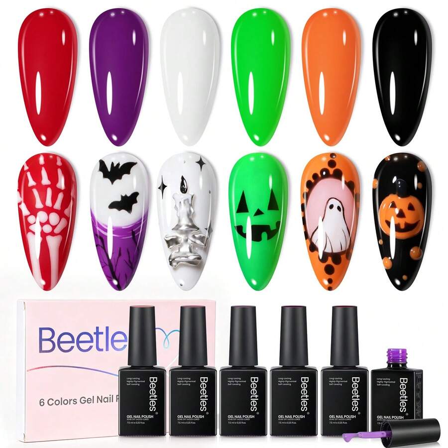 Beetles 6 Colors Halloween Gel Nail Polish Set, Red Purple Green Orange Black White Soak Off UV LED Gel For Pumpkin, Ghost, Witch & Spooky Nail Art - 6 Colors Halloween Gel Nail Polish Set - 查看 1